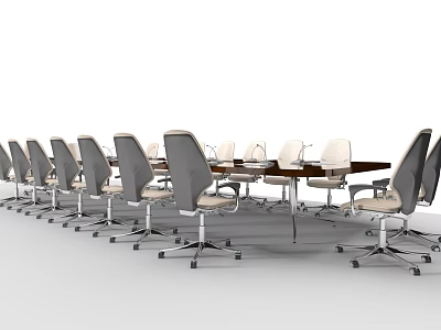 Modern Conference Table With Wheeled Chairs And Gray White Seats In Office Setting 3d model