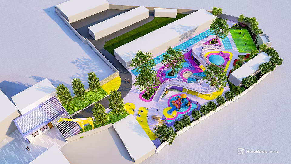 Colorful Kids Playground Area With Slide Trees And Lawn Surrounding Buildings 3d model 