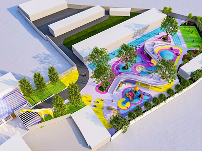 Colorful Kids Playground Area With Slide Trees And Lawn Surrounding Buildings 3d model