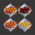 Colorful Animal Shaped Candies on White Plates with Red Decorative Edges and Dark Background
