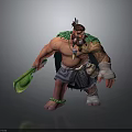 Tribal Warrior Character With Muscular Build Tattooed Body Green Weapon Feathered Headdress And Beaded Accessories