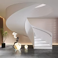 White Spiral Staircase in Modern Interior with Potted Plant and Globe Lights