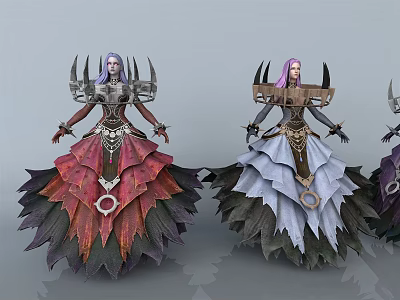 Game Movie Fantasy Female Characters With Metallic Shoulder Spikes And Layered Skirts 3d model