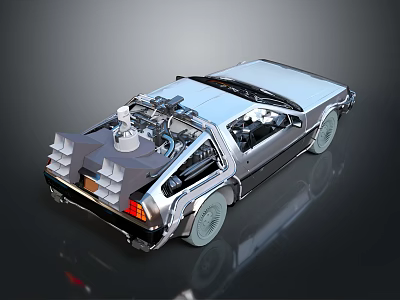 Silver Metallic DeLorean Car With Gull Wing Doors Roof Mounted Equipment And Futuristic Design 3d model