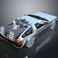 Silver Metallic DeLorean Car With Gull Wing Doors Roof Mounted Equipment And Futuristic Design