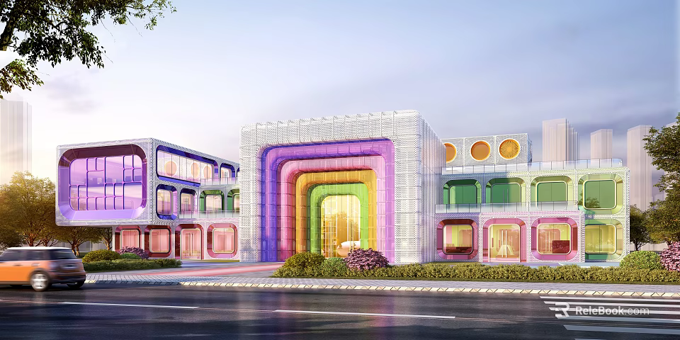 Colorful Modern School Building With Rainbow Archway Circular Windows And Multi Colored Sections 3d model
