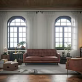 Cozy Living Room Interior With Pink Sofa Armchair Wooden Floor And Arch Windows