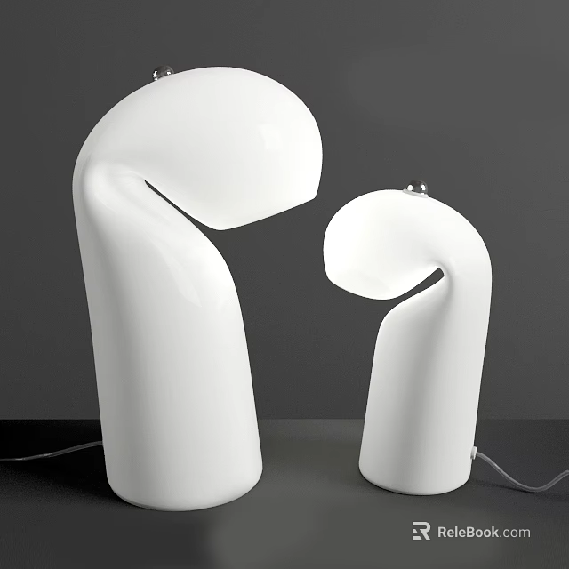 Two White Modern Table Lamps With Unique Curved Shape On Gray Tabletop 3d model