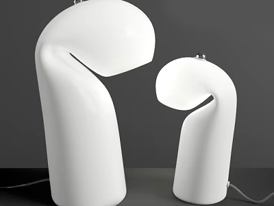 Two White Modern Table Lamps With Unique Curved Shape On Gray Tabletop 3d model