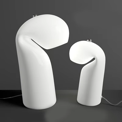 Two White Modern Table Lamps With Unique Curved Shape On Gray Tabletop 3d model