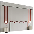Elegant Bed Background Wall Featuring Wavy Red Trim White Panel And Circular Wall Lamps 3d model
