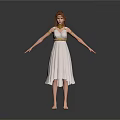 Woman with brown hair wearing white dress golden belt arm cuffs standing barefoot arms outstretched