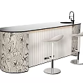 Contemporary Bar Counter With Black Top Wood Grain Panel Faucet And White Stools