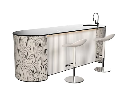 Contemporary Bar Counter With Black Top Wood Grain Panel Faucet And White Stools 3d model