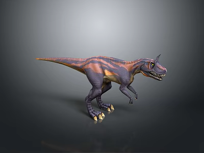 3D Dinosaur Model Featuring Purple Orange Stripes Horned Head Standing Pose Gray Background Reflection 3d model