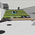Modern Garden Landscape With Stepped Lawn Tall Trees Stone Walls Outdoor Seats And Stone Pavement