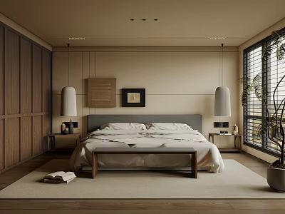 Modern Cozy Bedroom Interior Design With Wooden Wardrobe Bedside Artwork Table Lamps And Plants 3d model