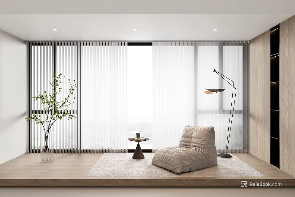 Modern Interior With White Vertical Blinds Large Window Cozy Chair And Green Plant 3d model 