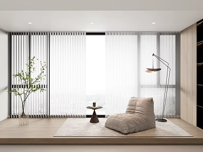 Modern Interior With White Vertical Blinds Large Window Cozy Chair And Green Plant 3d model