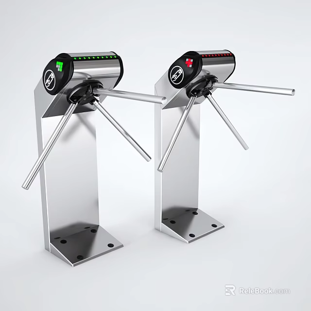 Public Facility Turnstiles With Silver Metal Body Display Screens And Green And Red Indicators 3d model 