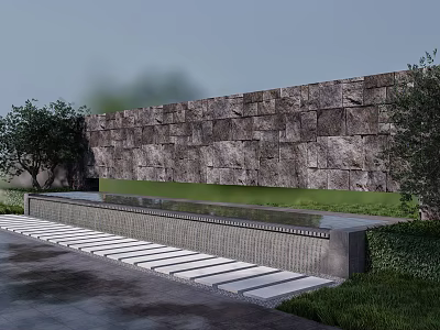 Textured Stone Feature Wall With Lush Greenery And Reflective Water Basin 3d model
