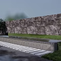 Textured Stone Feature Wall With Lush Greenery And Reflective Water Basin