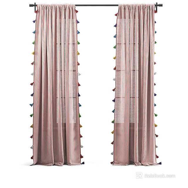 Elegant Pink Striped Curtains With Colorful Tassels For Home Window Decor 3d model 