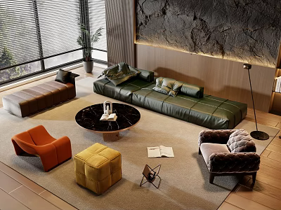 Modern Luxury Living Room with Dark Green Leather Sofa and Black Round Coffee Table Set 3d model