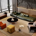 Modern Luxury Living Room with Dark Green Leather Sofa and Black Round Coffee Table Set