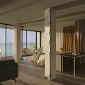 Modern Hotel Room With Sea View Large Windows Marble Pillars Sofa And Chairs