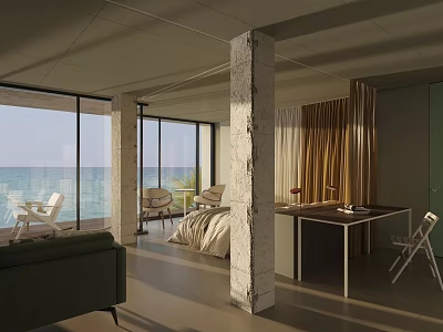 Modern Hotel Room With Sea View Large Windows Marble Pillars Sofa And Chairs 3d model