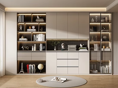 Modern Bookcase Interior Design With Multiple Compartments Books Decorative Globe And Lighting Elements 3d model