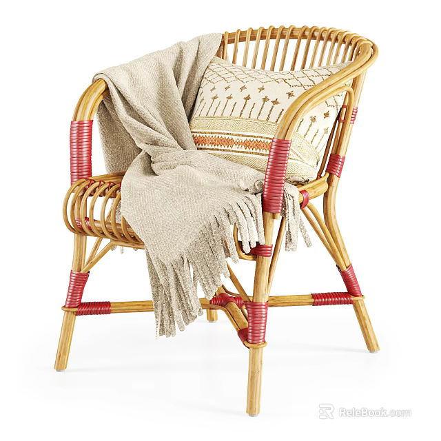 Stylish Rattan Leisure Chair With Red Accented Frame Cozy Blanket And Patterned Cushion 3d model 