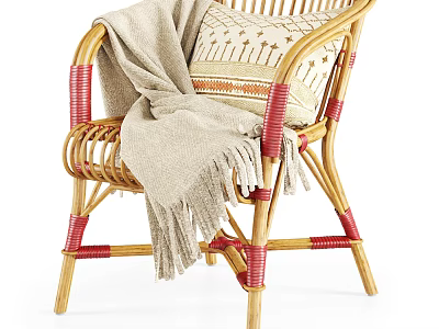 Stylish Rattan Leisure Chair With Red Accented Frame Cozy Blanket And Patterned Cushion 3d model