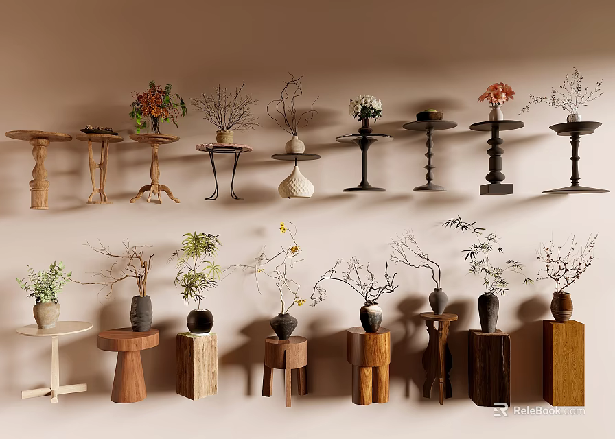 Different Designs of Elegant Side Tables With Decorative Vases And Potted Plants 3d model 