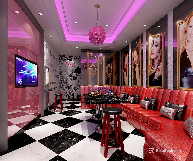 Elegant KTV Box Interior With Red Sofas Purple Lighting And Checkered Floor 3d model 