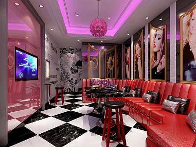 Elegant KTV Box Interior With Red Sofas Purple Lighting And Checkered Floor 3d model