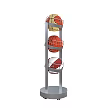 Basketball Gym Interior with Multi Tiered Stand Holding Three Colorful Basketballs