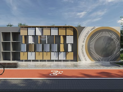 Bicycle Parking Area With Geometric Pattern Wall And Circular Decor Near Red Lane 3d model