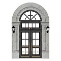 Navy Blue Double Doors With Arched Stone Frame Glass Panes And Wall Lamps