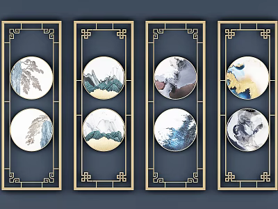 Traditional Chinese Partition With Golden Frame Circular Landscape Paintings And Decorative Patterns 3d model