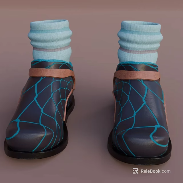 Dark Blue Shoes With Blue Patterned Design Brown Strap And Light Blue Striped Socks 3d model