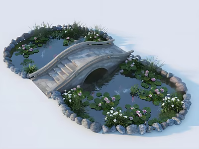 Serene Garden Pond with Stone Bridge Water Lilies Stone Border and Lush Flowers 3d model