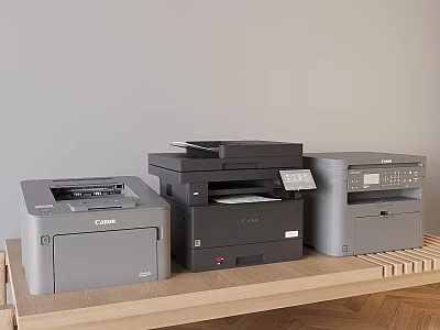 Modern Office Appliances Display With Black And Gray Multifunctional Printers On Wooden Shelf 3d model