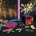 Festive Firework Display With Red Firecrackers Boxes And Various Pyrotechnic Products For Celebration Events
