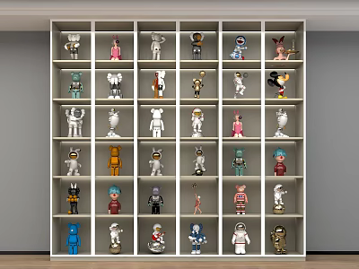 Collection of Various Figurines Displayed on Shelf with Different Colors and Styles 3d model