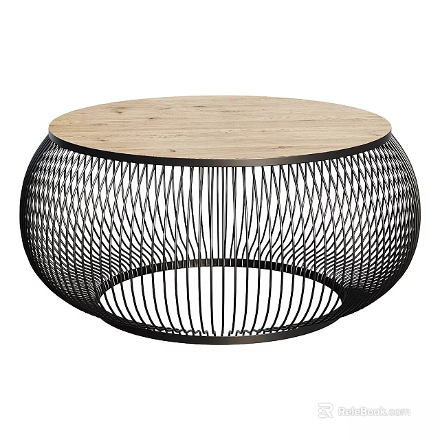 Round Wooden Top Dining Table With Black Metal Mesh Base Modern Design 3d model 
