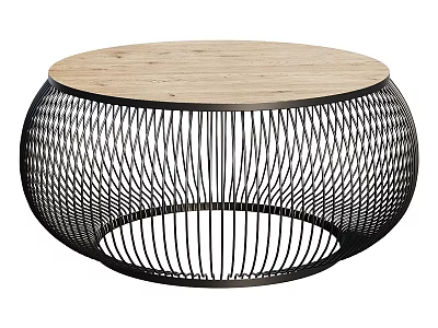 Round Wooden Top Dining Table With Black Metal Mesh Base Modern Design 3d model