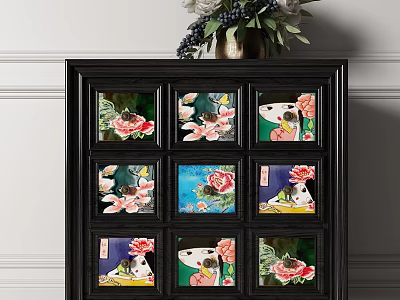 Black Wooden Cabinet with Decorative Floral and Animal Pattern Panels and Vase on Top 3d model