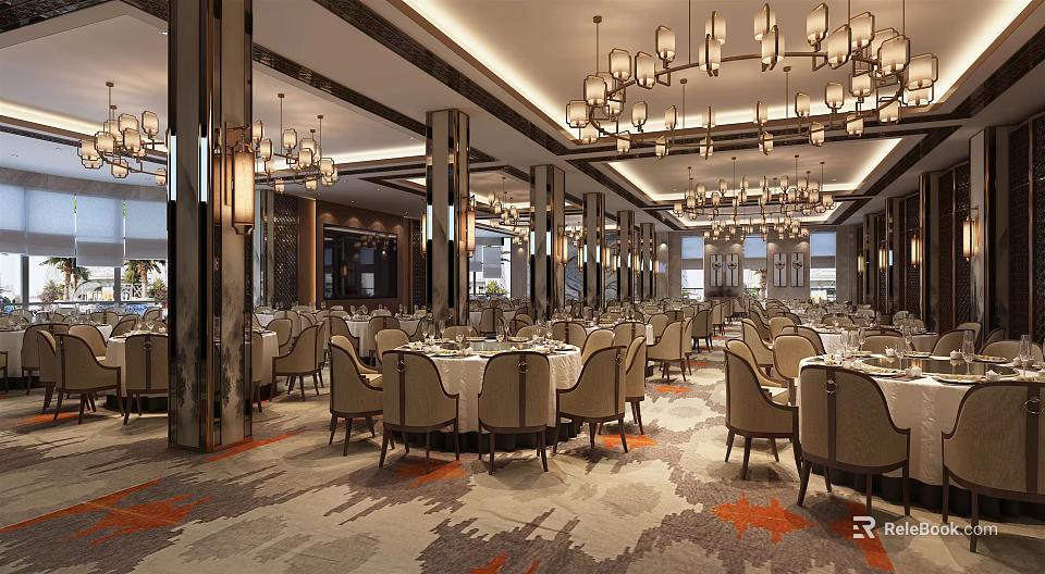 Banquet Hall Interior With Elegant Chandeliers Round Tables And Upholstered Chairs 3d model 